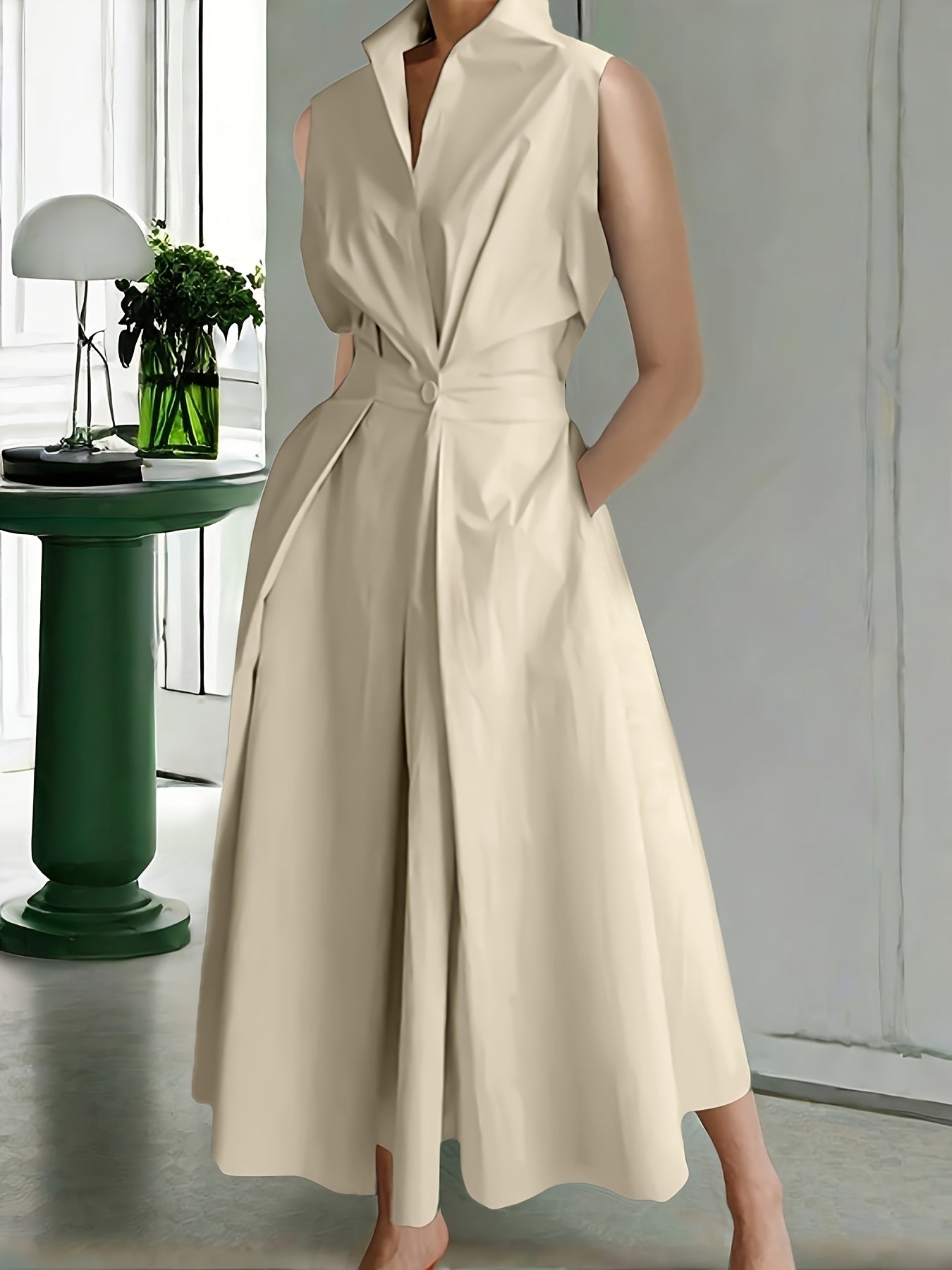 Women's Solid Collared Maxi Casual Dress - Sleeveless detail view