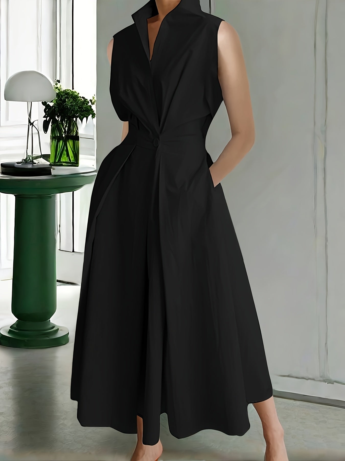 Women's Solid Collared Maxi Casual Dress - Sleeveless detail view