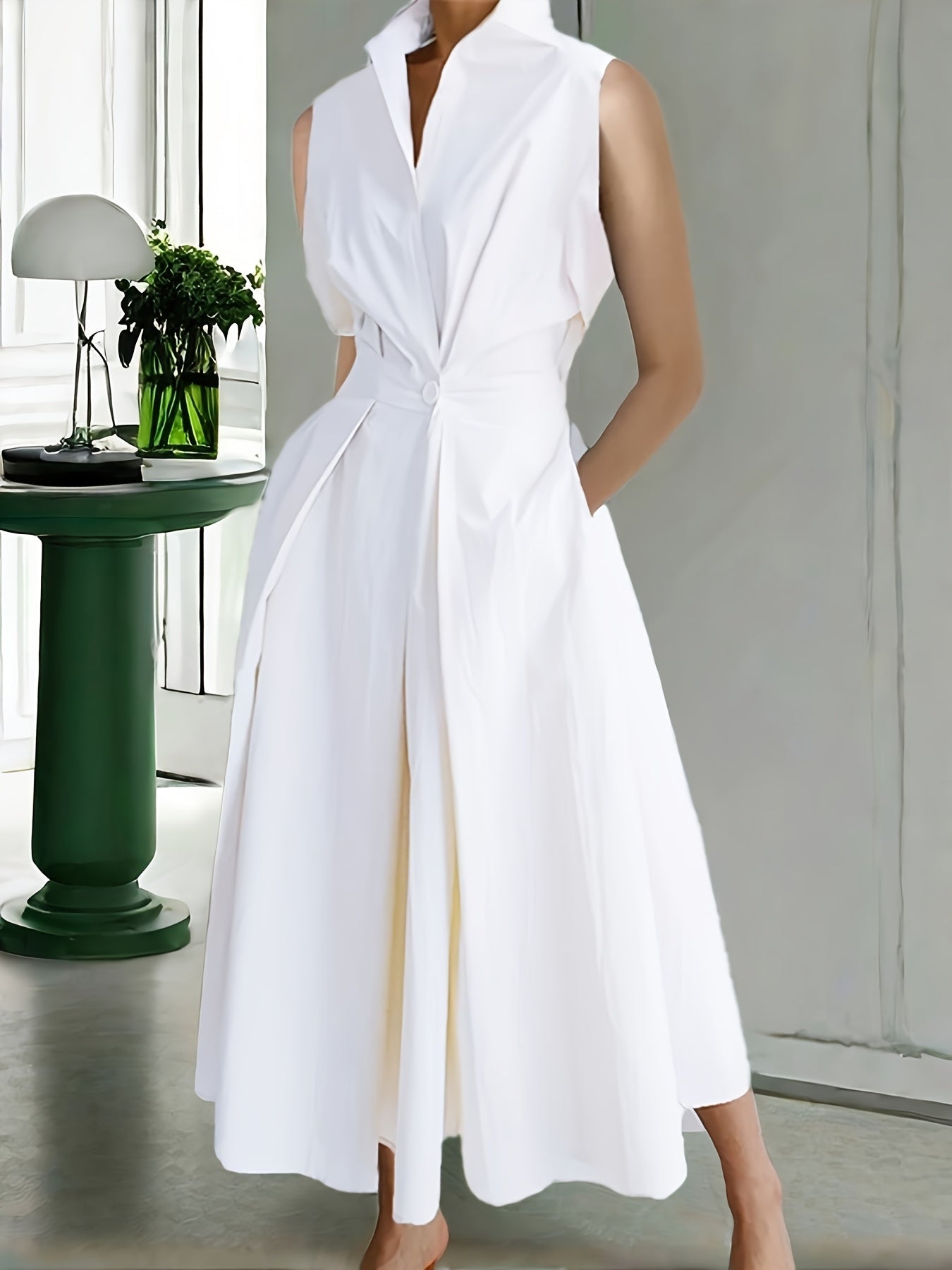 Women's Solid Collared Maxi Casual Dress - Sleeveless – Green option – view 2