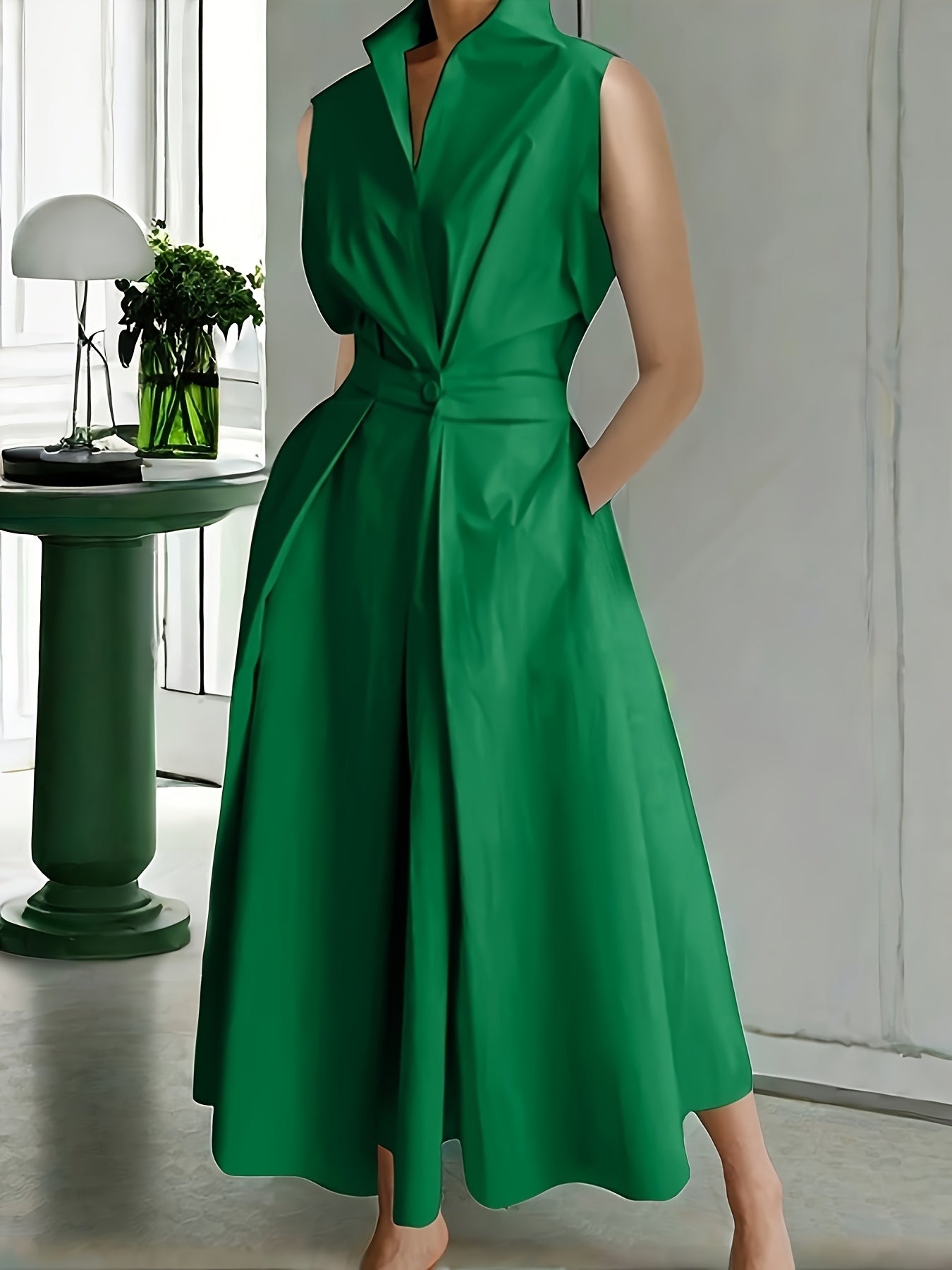 Women's Solid Collared Maxi Casual Dress - Sleeveless – Green option – view 3