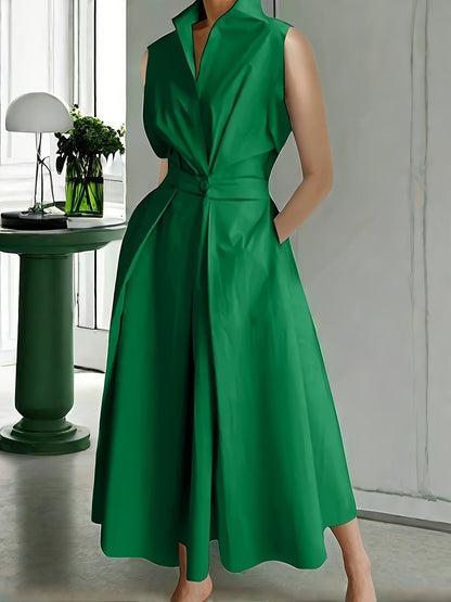 Women's Solid Collared Maxi Casual Dress - Sleeveless – Green option – view 3