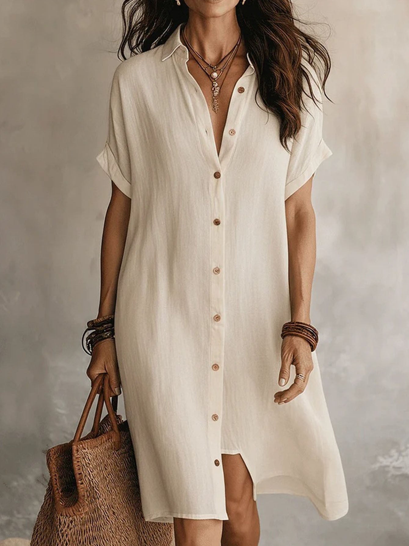 Women's Solid Collared Midi Shirt Dress - Button Front detail view