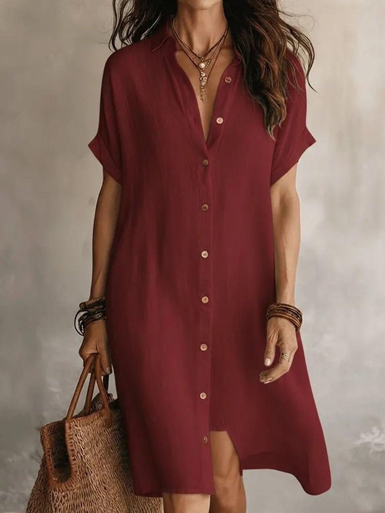 Women's Solid Collared Midi Shirt Dress - Button Front detail view
