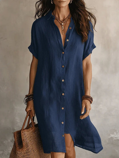 Women's Solid Collared Midi Shirt Dress - Button Front – Navy option – main product image