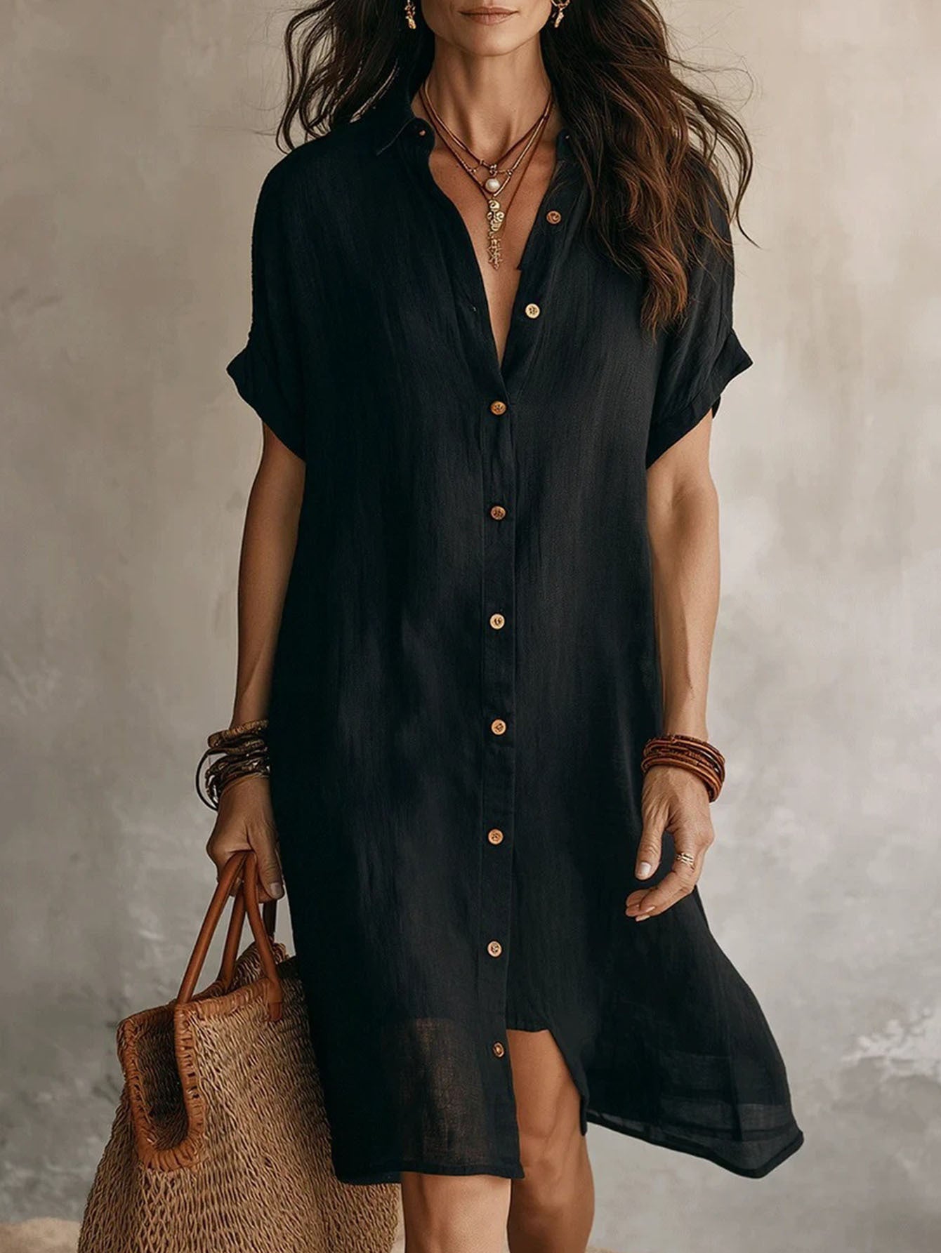 Women's Solid Collared Midi Shirt Dress - Button Front – Navy option – view 2