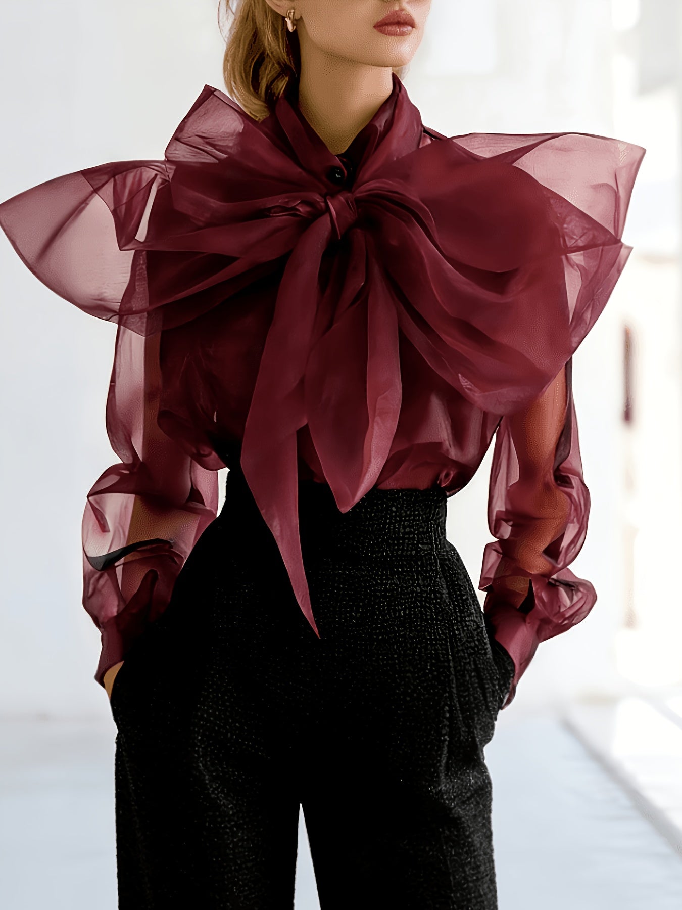 Women's Solid Color Blouse - Classic Neck Long Sleeve detail view