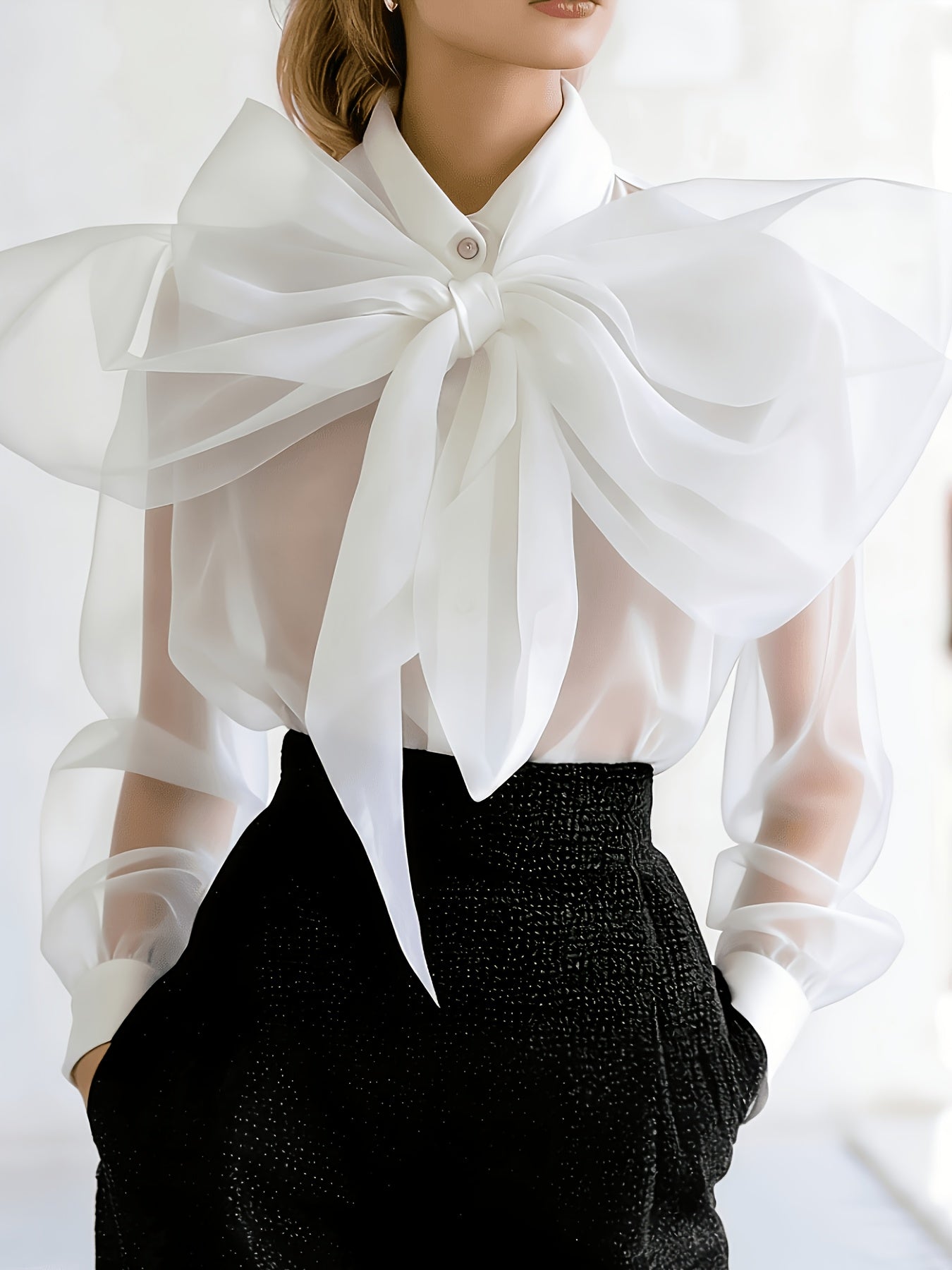 Women's Solid Color Blouse - Classic Neck Long Sleeve detail view
