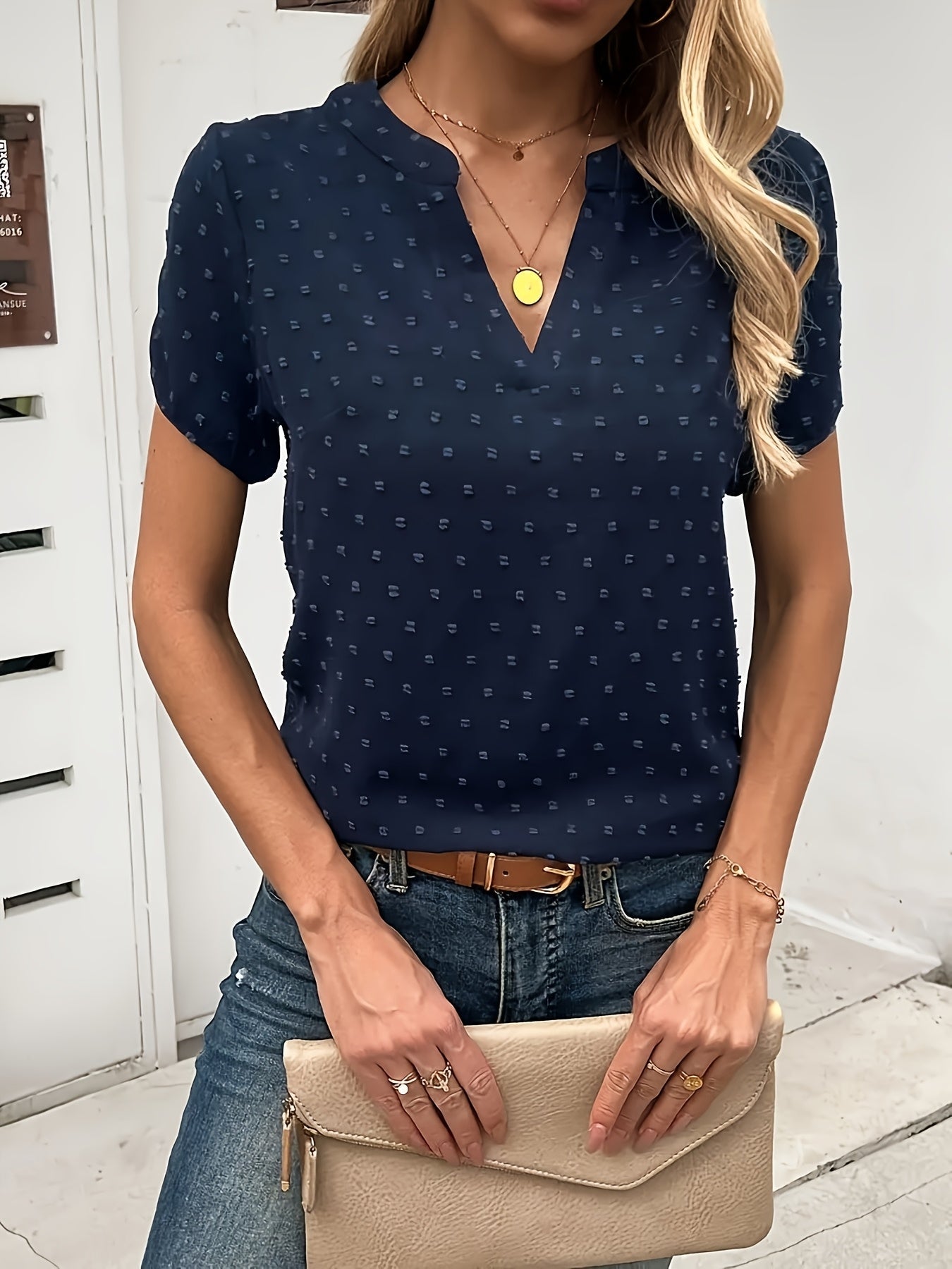 Women's Solid Color Blouse - Classic Neck Short Sleeve detail view