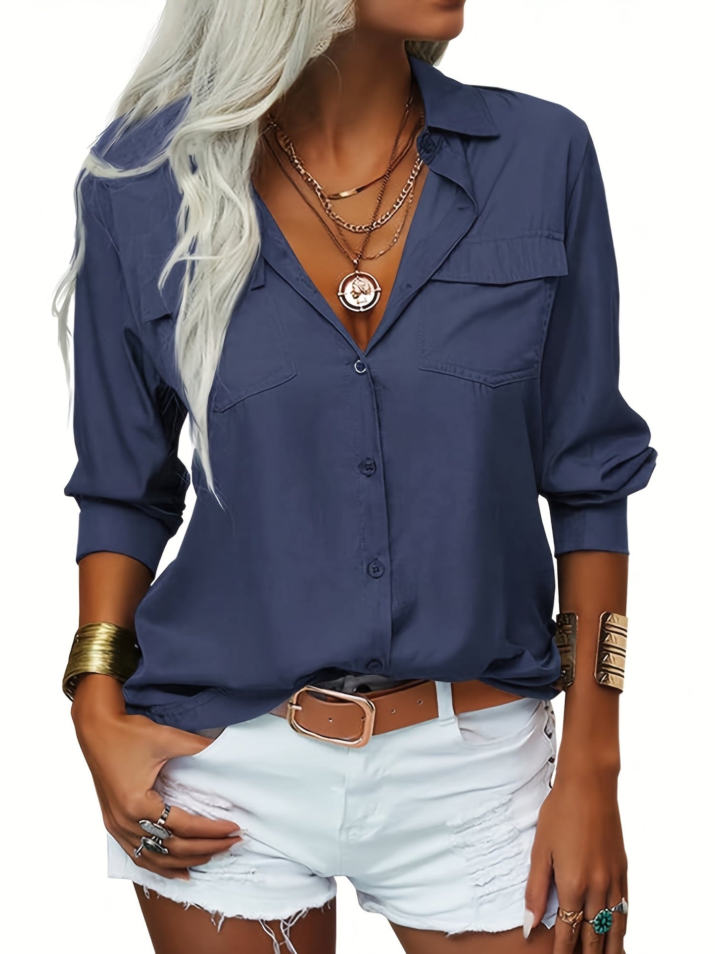 Women's Solid Color Blouse - Collared – Regular fit detail view