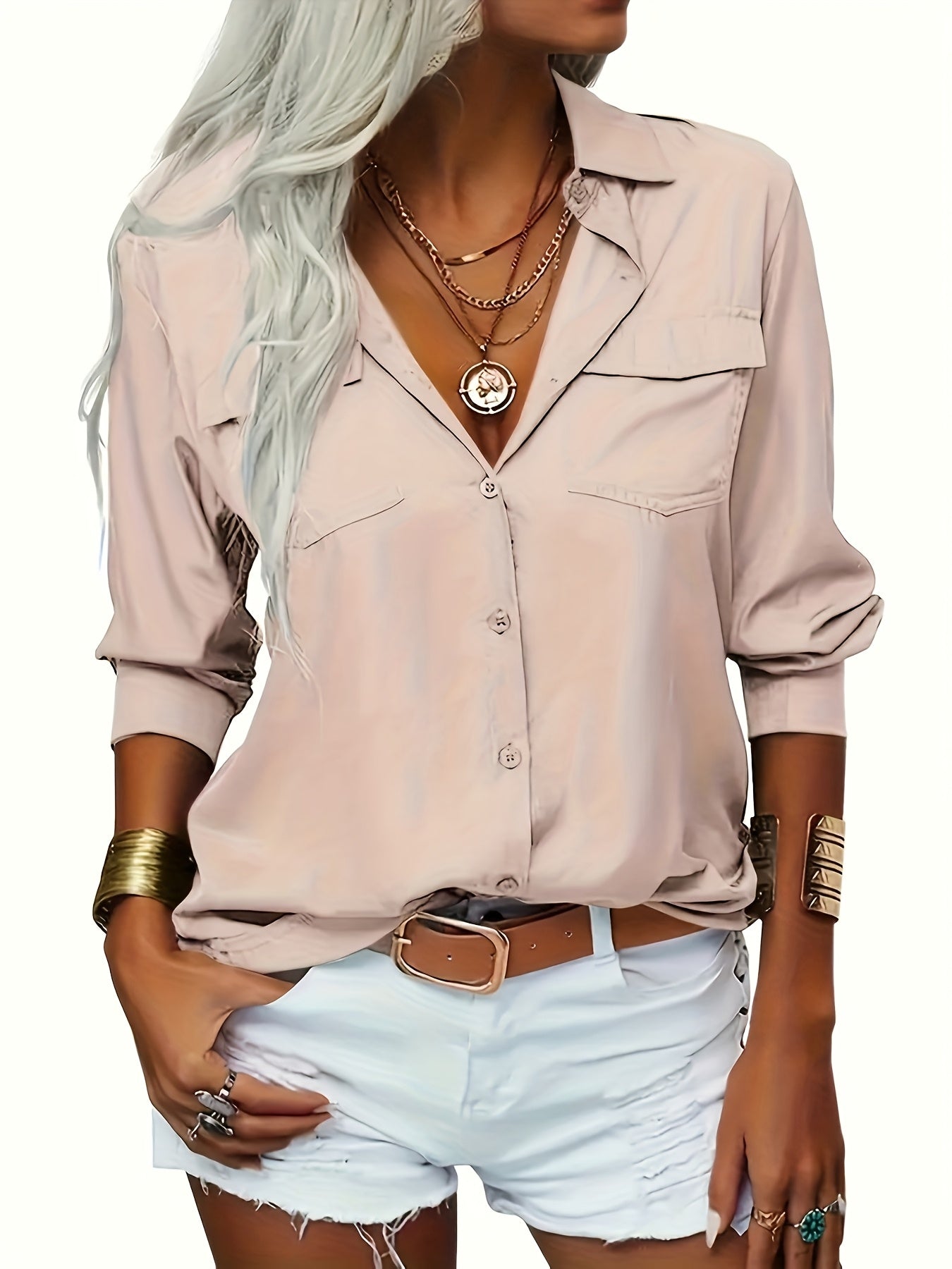 Women's Solid Color Blouse - Collared – Regular fit detail view