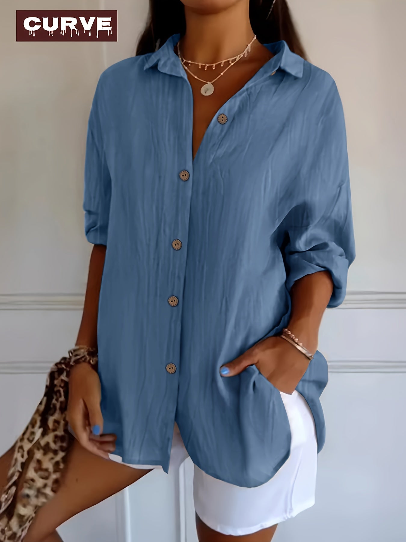 Women's Solid Color Blouse - Regular Fit – Blue detail view
