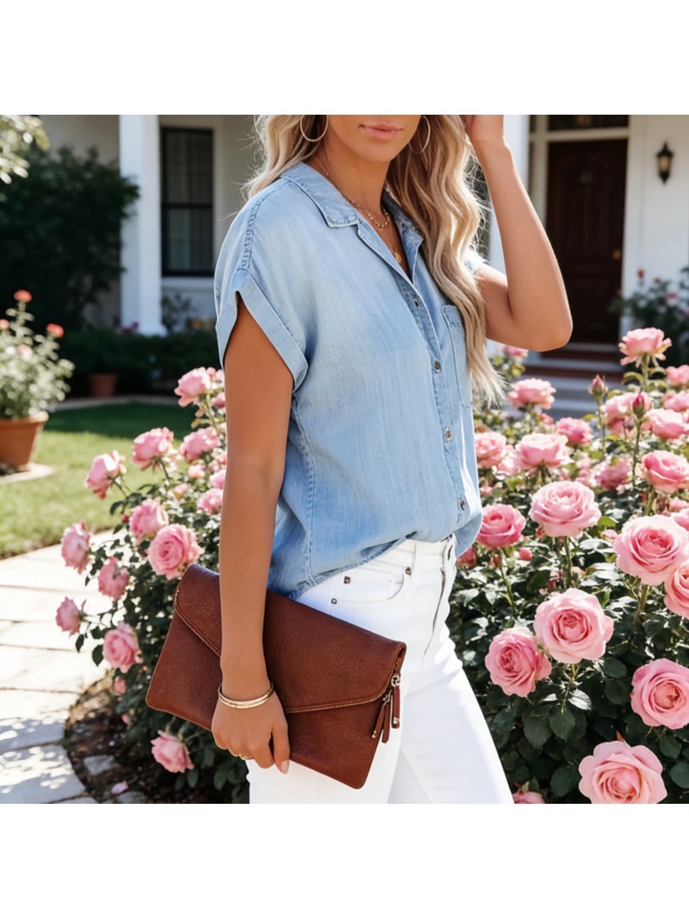 Women's Solid Color Blouse - Relaxed Fit – Light Blue detail view