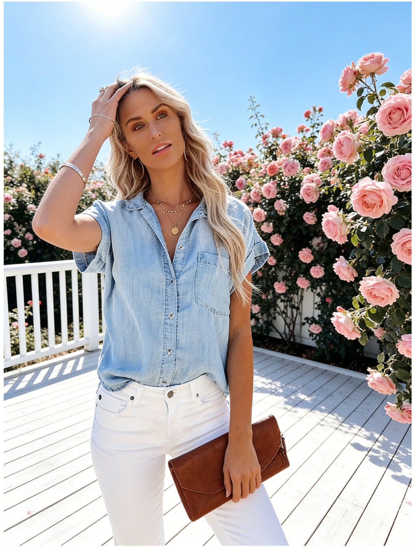 Women's Solid Color Blouse - Relaxed Fit – Light Blue detail view
