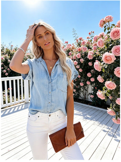 Women's Solid Color Blouse - Relaxed Fit – Light Blue detail view