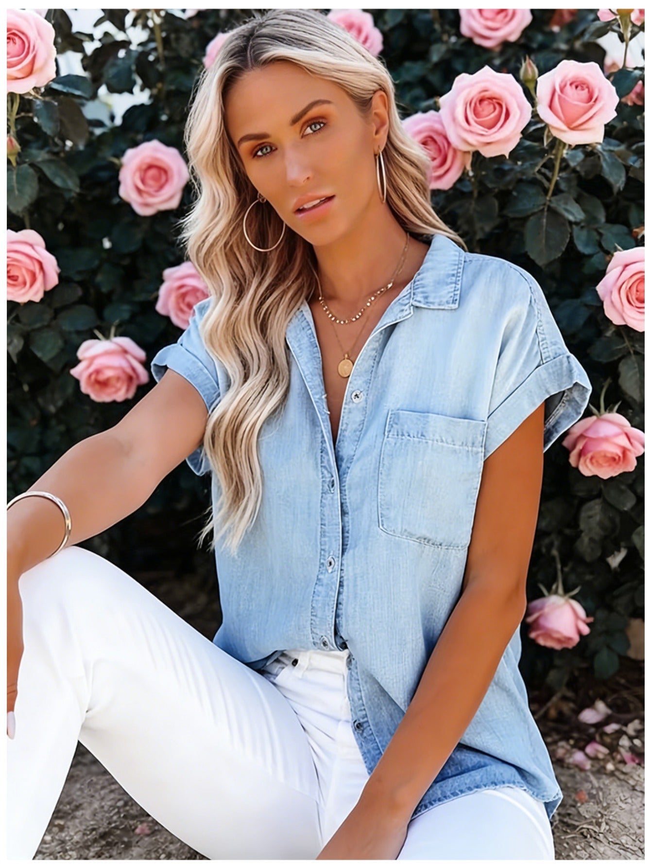 Women's Solid Color Blouse - Relaxed Fit – Light Blue detail view