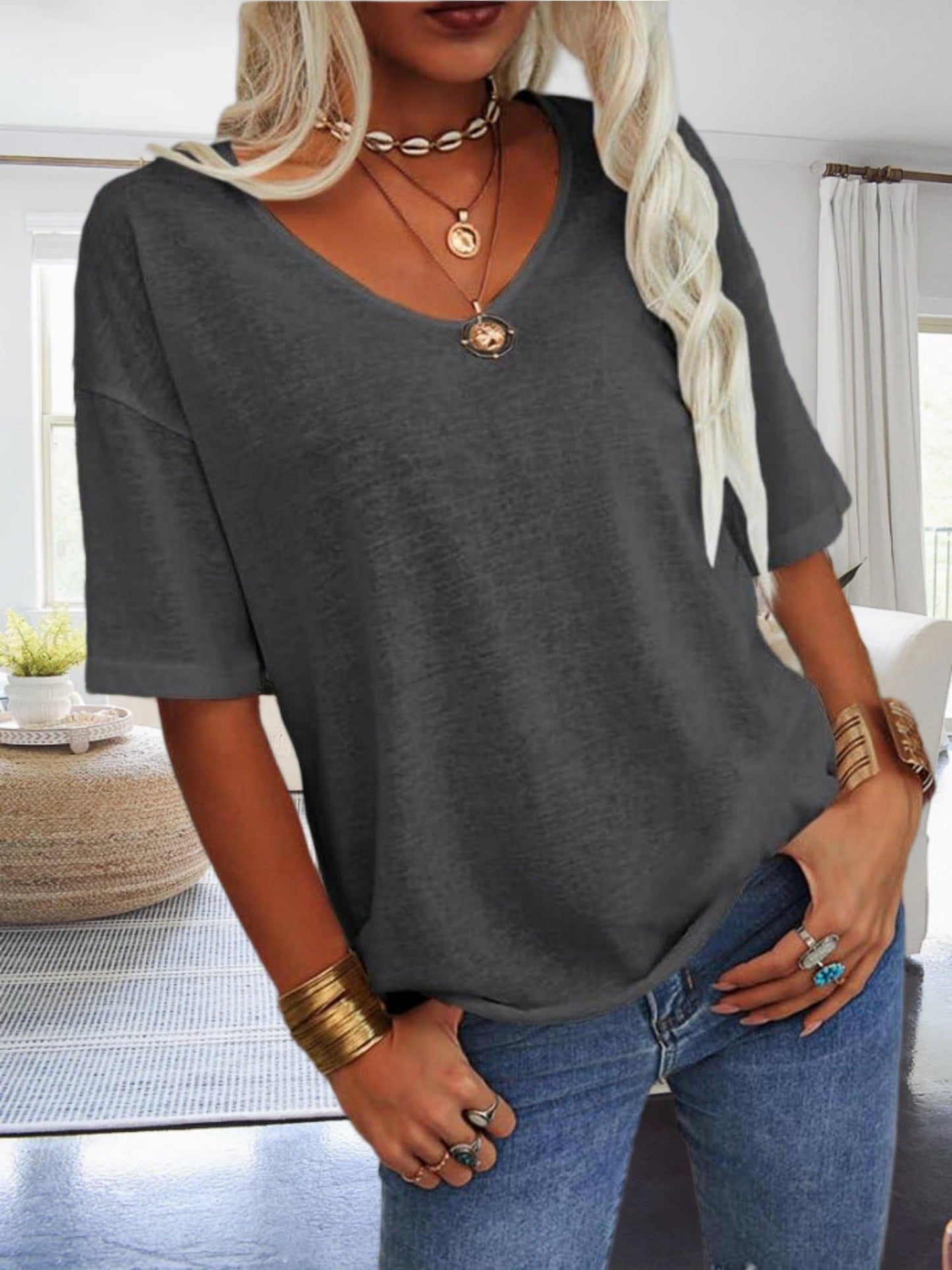 Women's Solid Color Blouse - Relaxed Fit – V-Neck – view 12