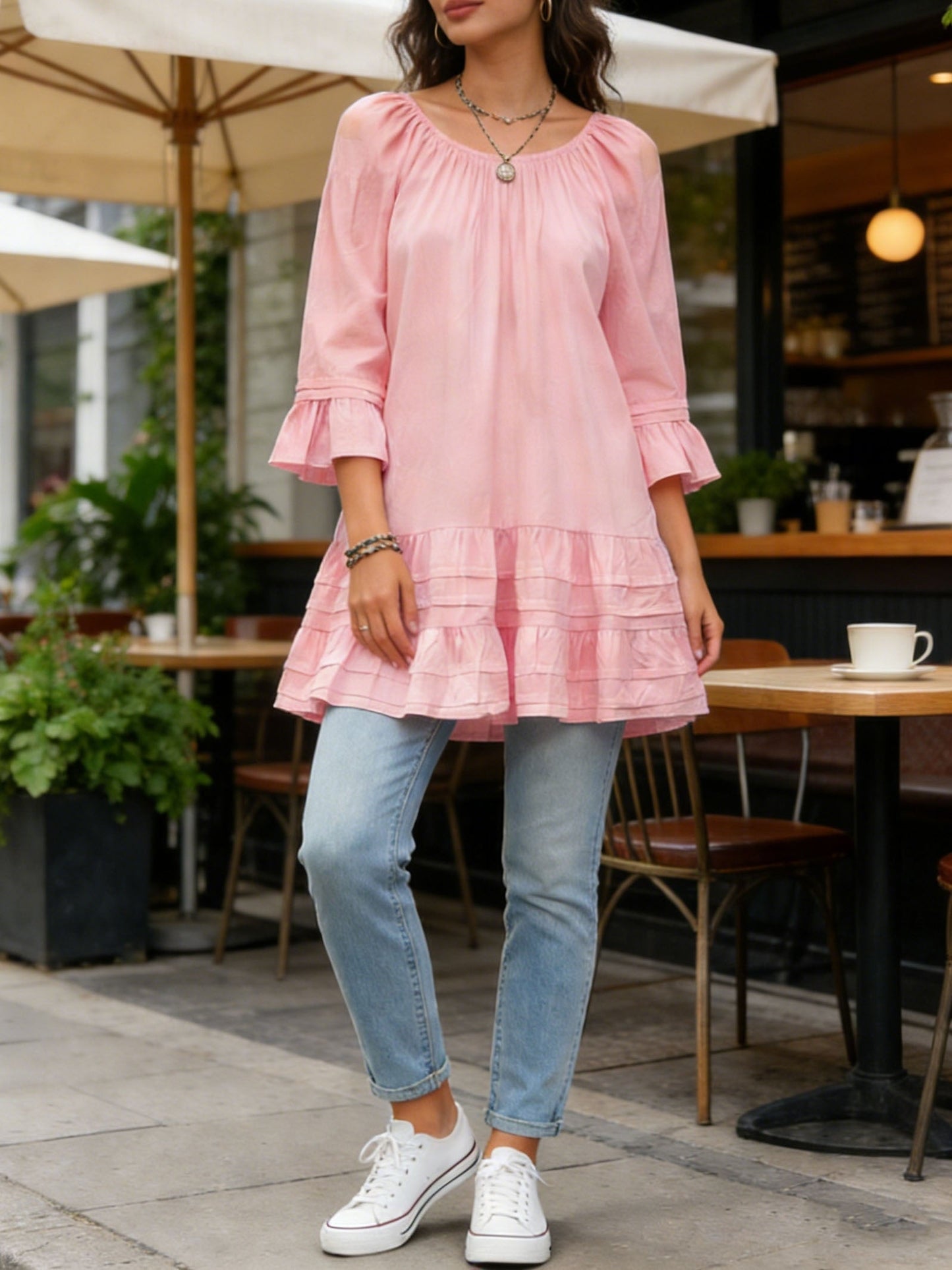 Women's Solid Color Blouse - Scoop Neck Half Sleeve detail view