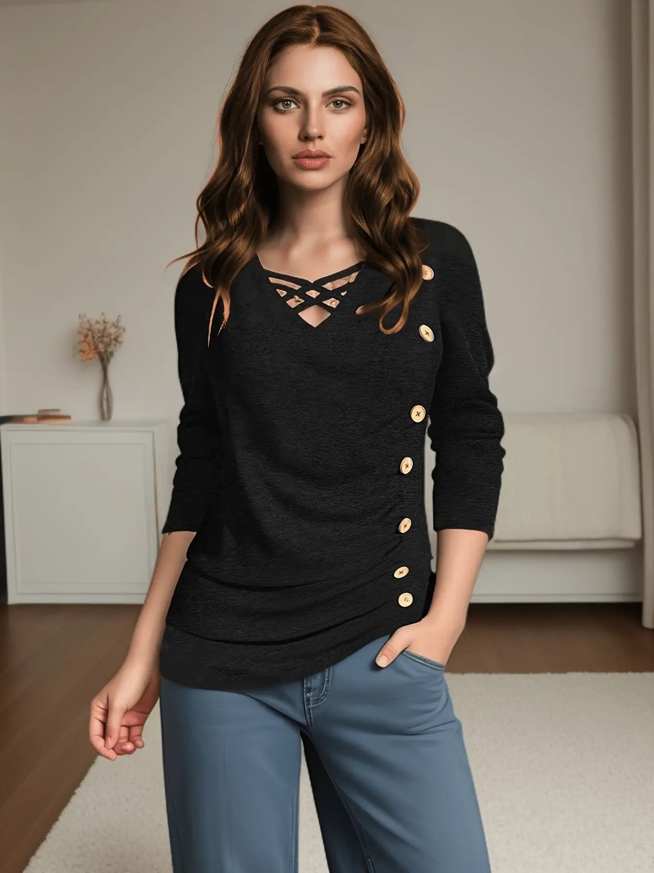Women's Solid Color Blouse - V-Neck Long Sleeve detail view