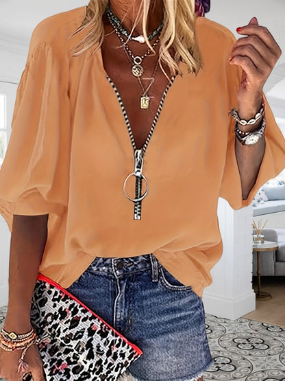 Women's Solid Color Blouse - V-Neck – pink color / Yellow detail view