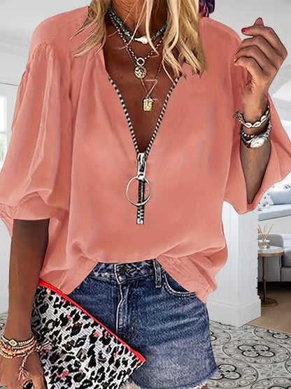 Women's Solid Color Blouse - V-Neck – pink color / Yellow detail view