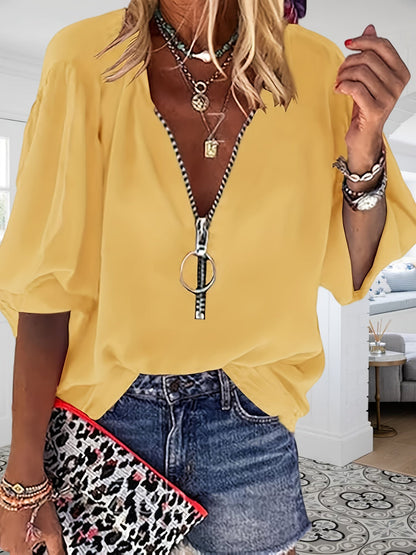 Women's Solid Color Blouse - V-Neck – pink color / Yellow detail view