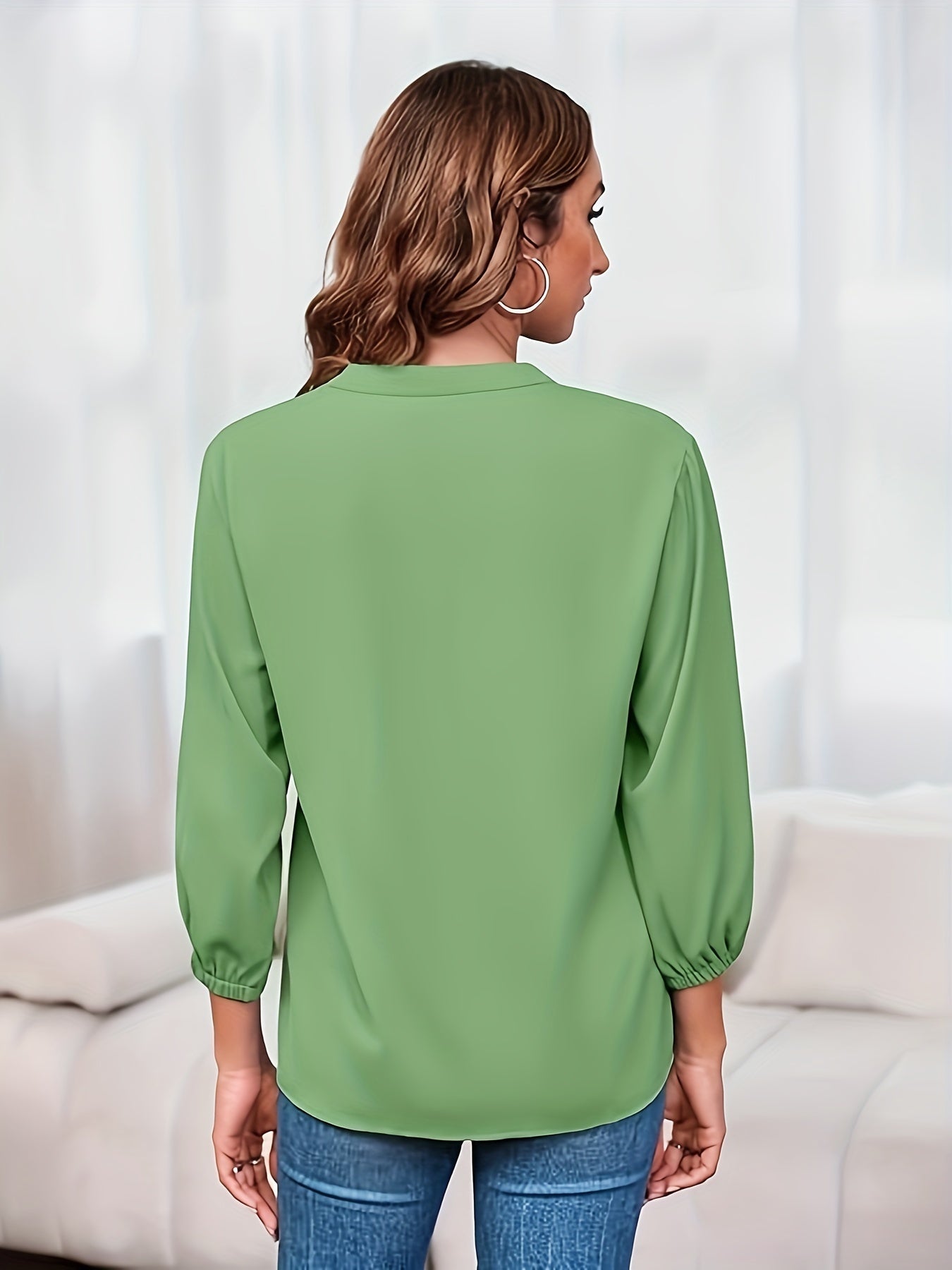 Women's Solid Color Blouse - V-Neck – pink color / Yellow detail view