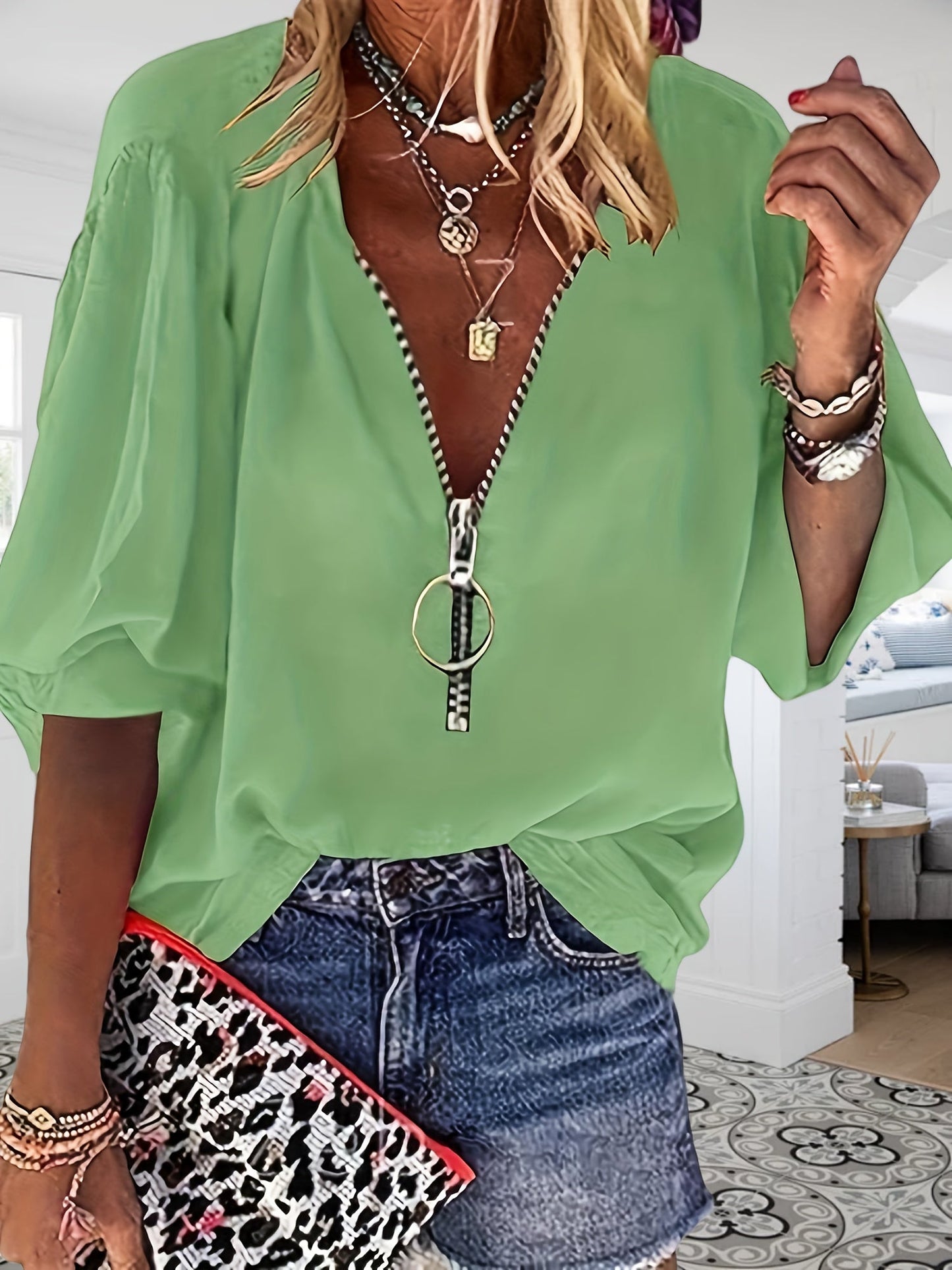 Women's Solid Color Blouse - V-Neck – pink color / Yellow – pink option – main product image