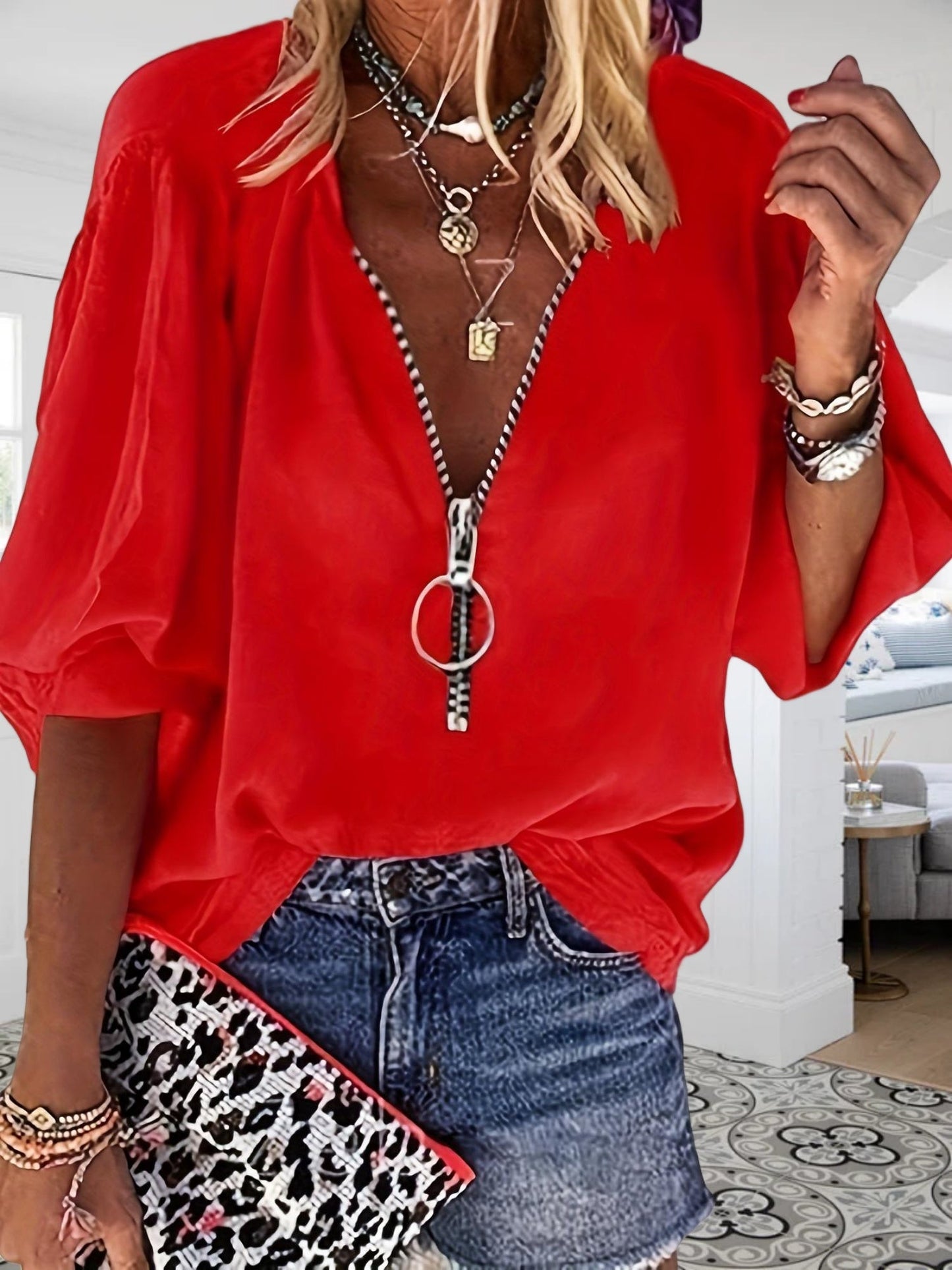 Women's Solid Color Blouse - V-Neck – pink color / Yellow – pink option – view 2