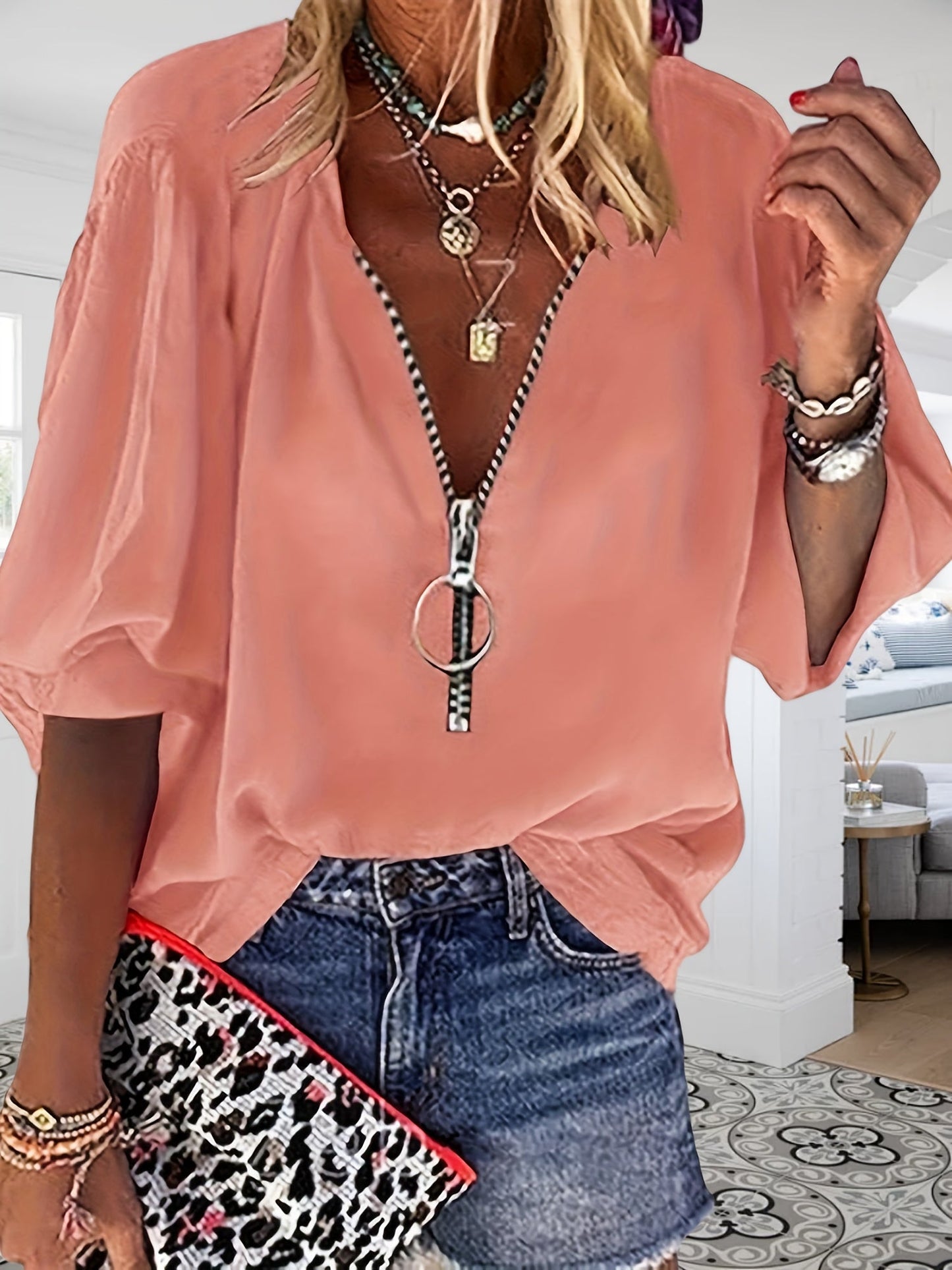 Women's Solid Color Blouse - V-Neck – pink color / Yellow – pink option – view 3