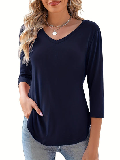 Women's Solid Color Blouse - V-Neck Three-Quarter Sleeve – White option – view 2