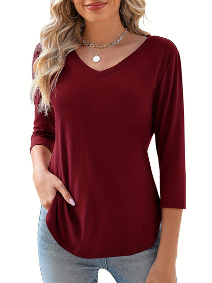 Women's Solid Color Blouse - V-Neck Three-Quarter Sleeve – White option – view 5