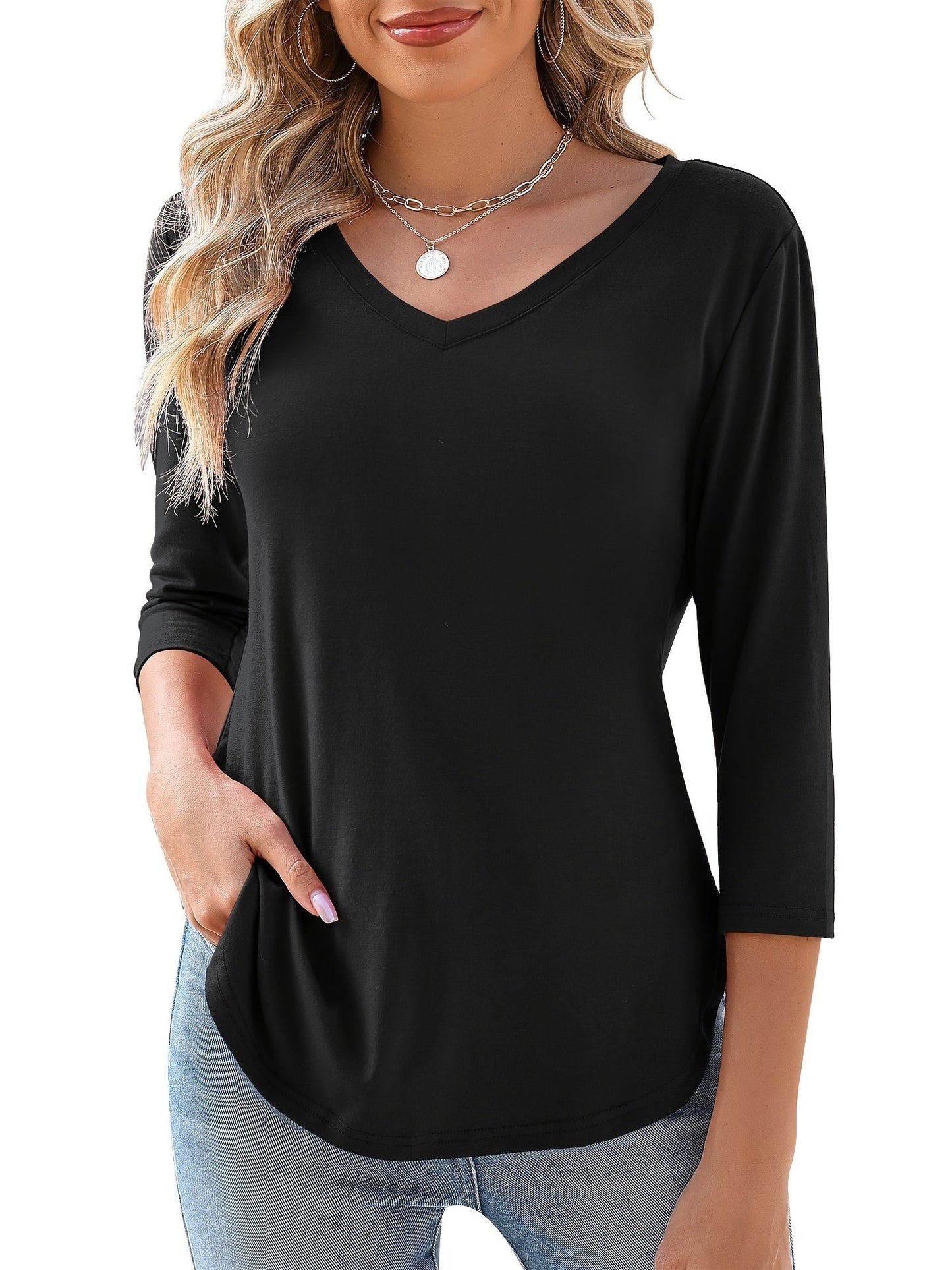 Women's Solid Color Blouse - V-Neck Three-Quarter Sleeve – White option – view 6