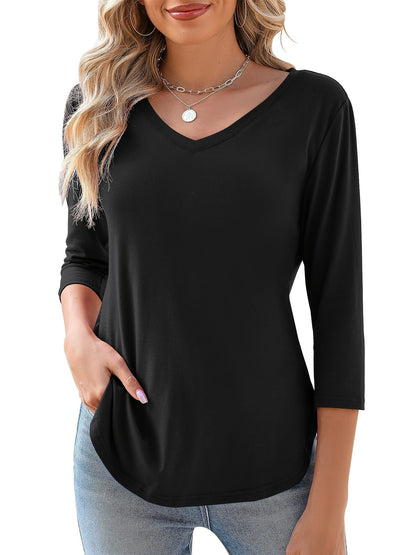 Women's Solid Color Blouse - V-Neck Three-Quarter Sleeve – White option – view 6