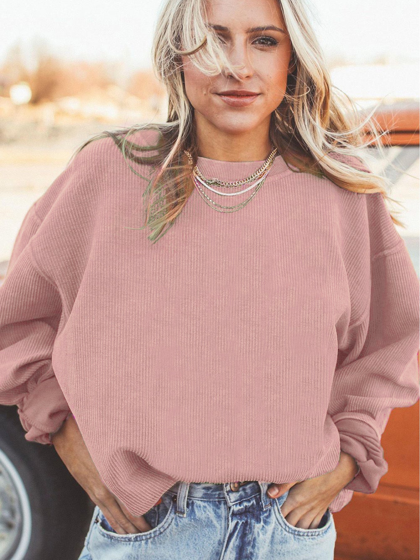 Women's Solid Color Crewneck Sweatshirt - Crew Neck Long Sleeve – Pink option – view 2