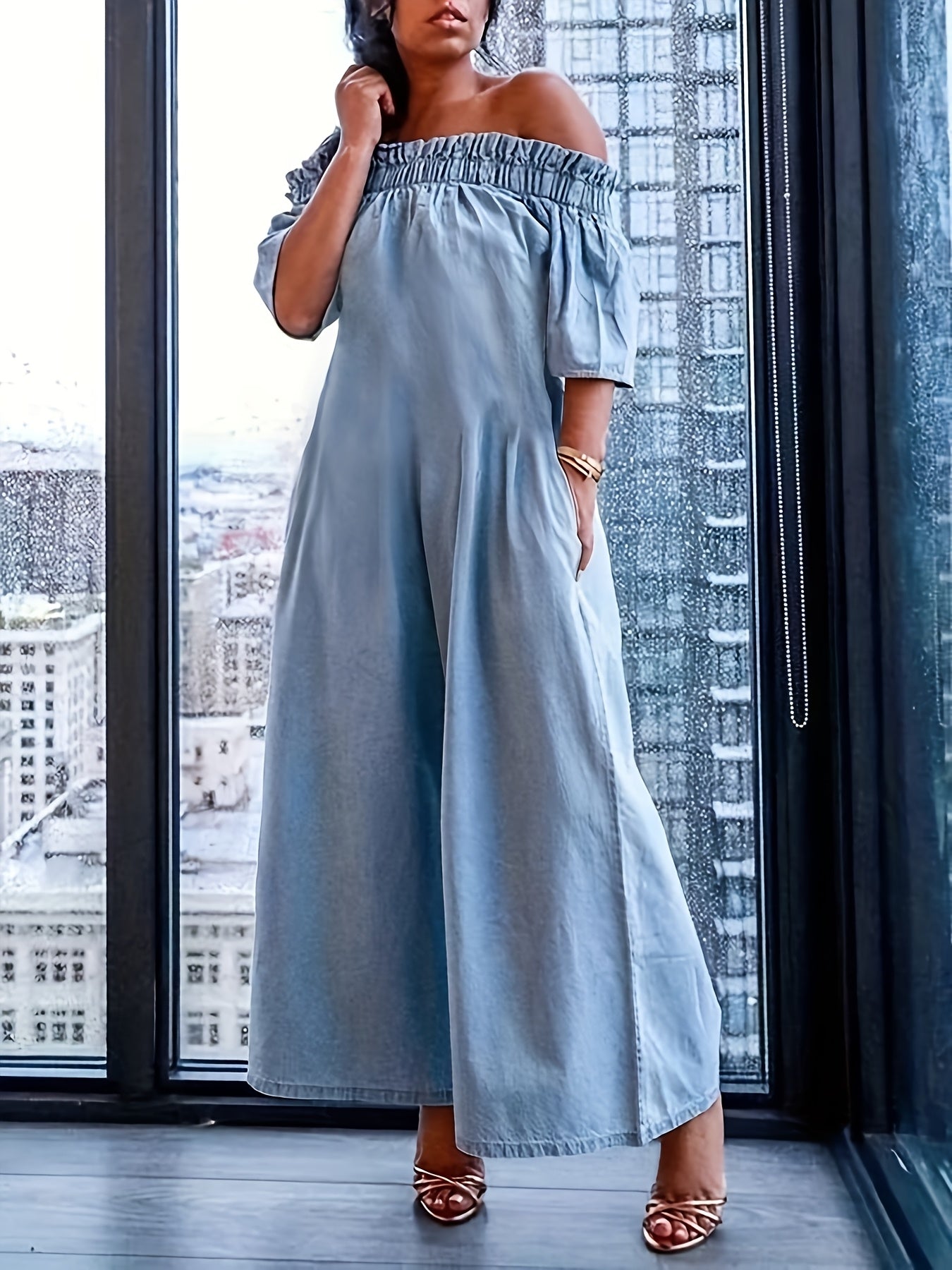 Women's Solid Color Jumpsuit - Off-Shoulder Short Sleeve – main product image