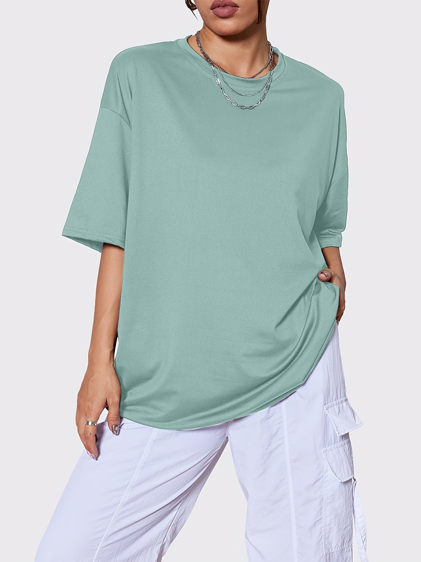 Women's Solid Color Performance T-Shirt - Crew Neck Relaxed Fit detail view