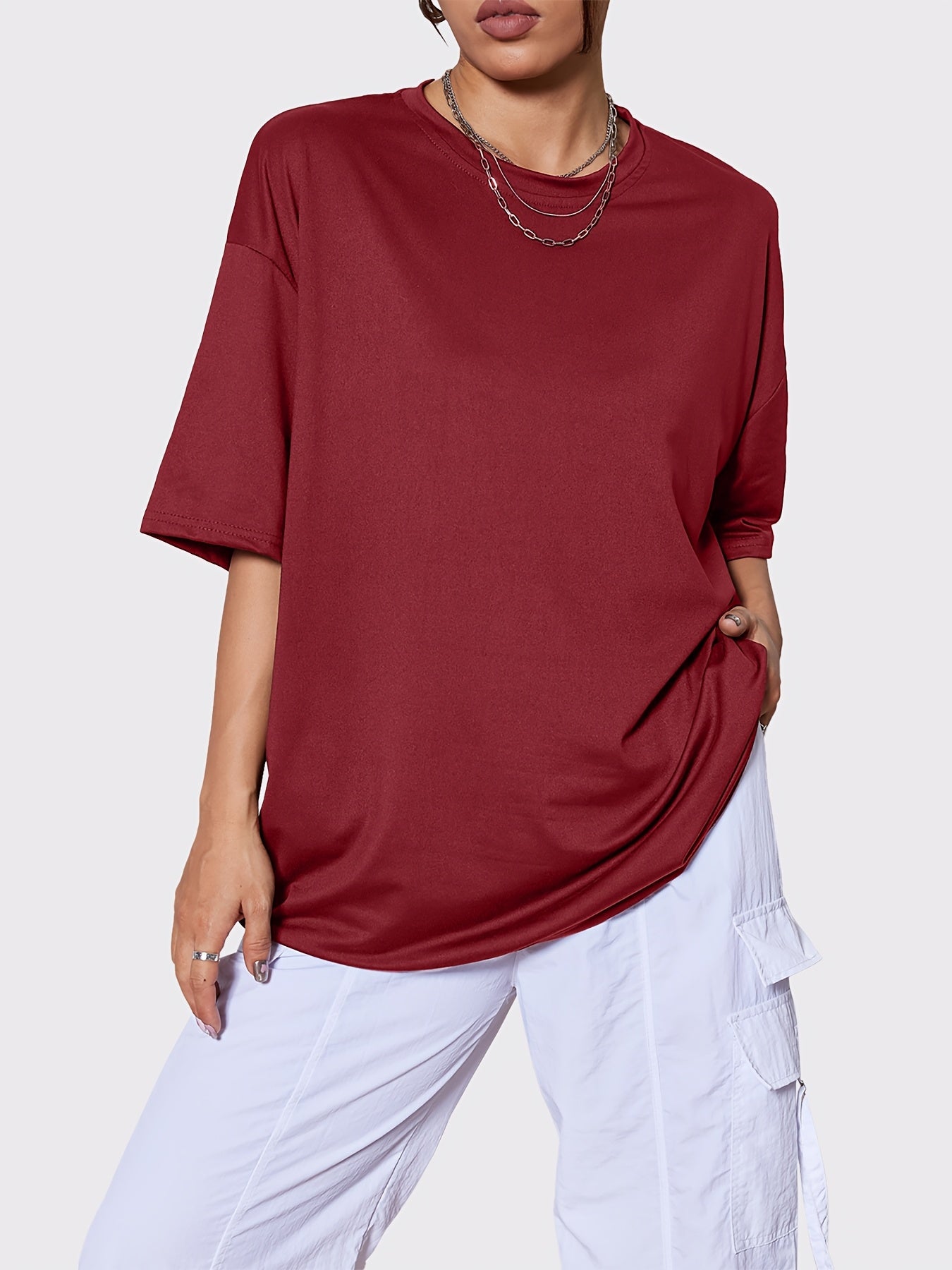 Women's Solid Color Performance T-Shirt - Crew Neck Relaxed Fit detail view