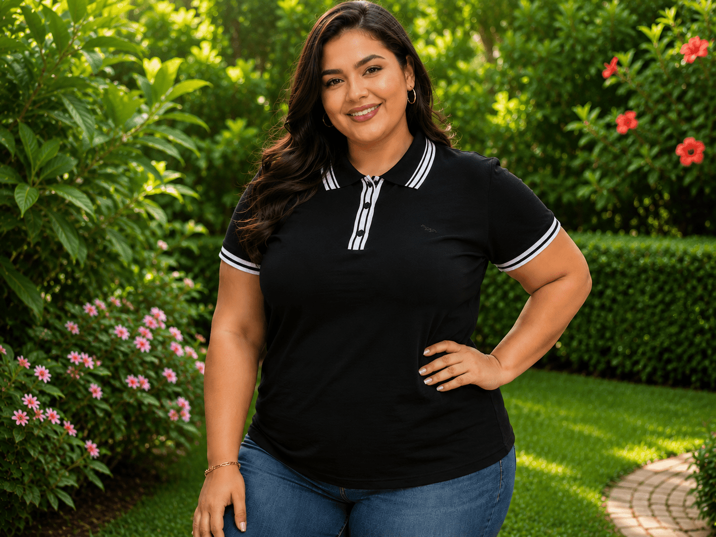 Women's Solid Color Polo Shirt - Classic Neck Short Sleeve detail view