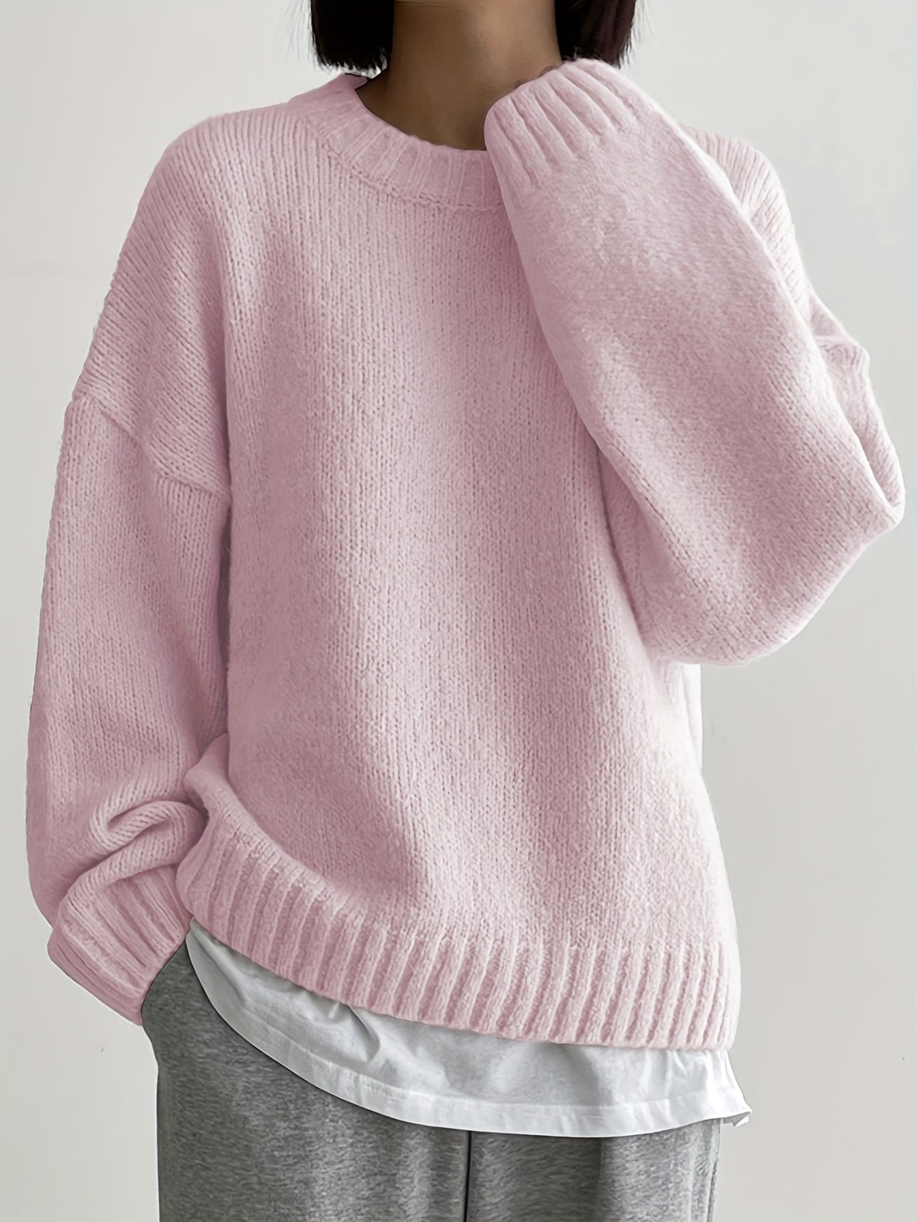 Women's Solid Color Pullover Sweater - Crew Neck Long Sleeve detail view
