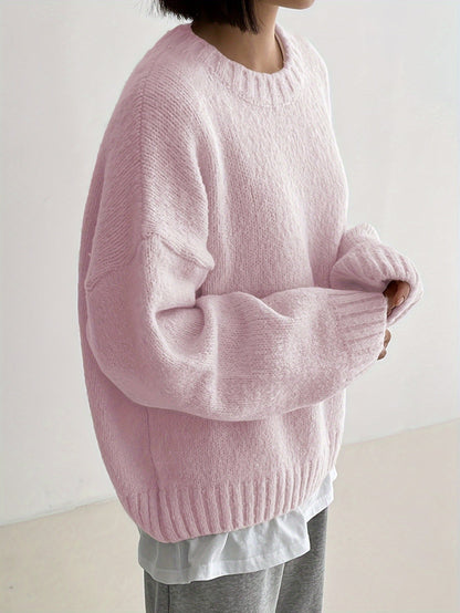 Women's Solid Color Pullover Sweater - Crew Neck Long Sleeve detail view