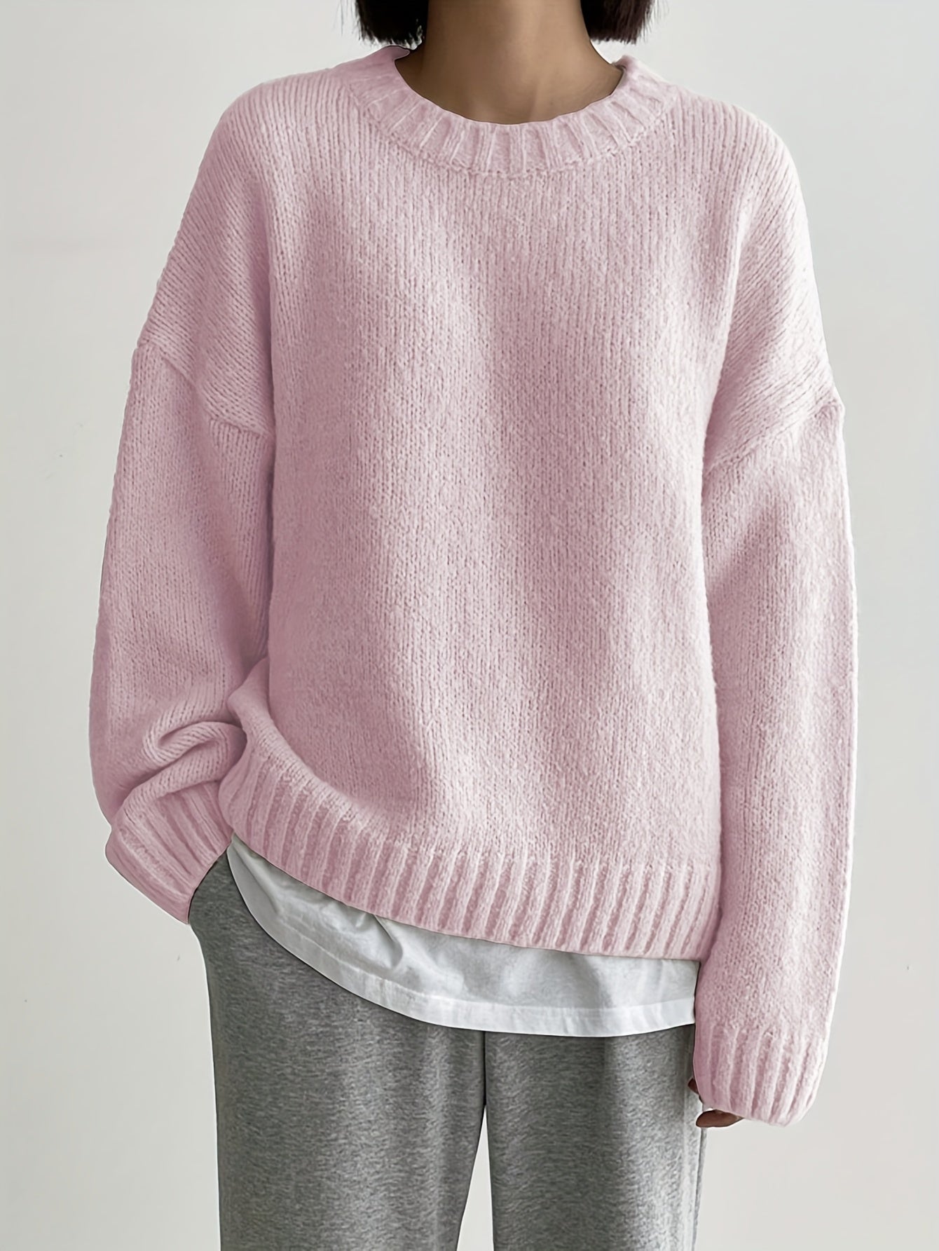 Women's Solid Color Pullover Sweater - Crew Neck Long Sleeve detail view