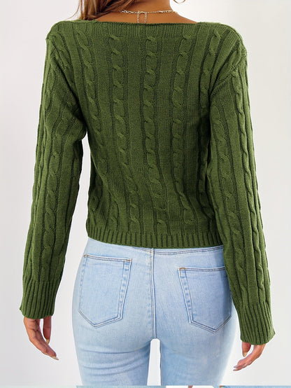 Women's Solid Color Pullover Sweater - Regular Fit V-Neck detail view