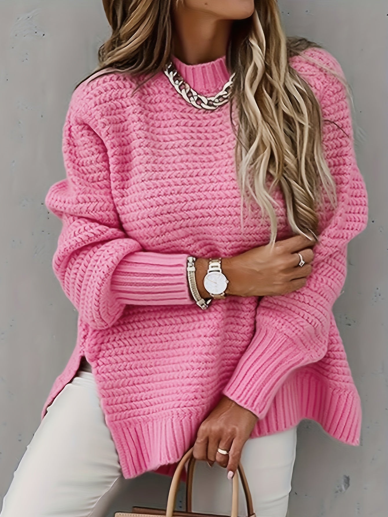 Women's Solid Color Pullover Sweater - Relaxed Fit Crew Neck – Purple option – view 2