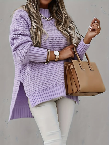 Women's Solid Color Pullover Sweater - Relaxed Fit Crew Neck – Purple option – view 3