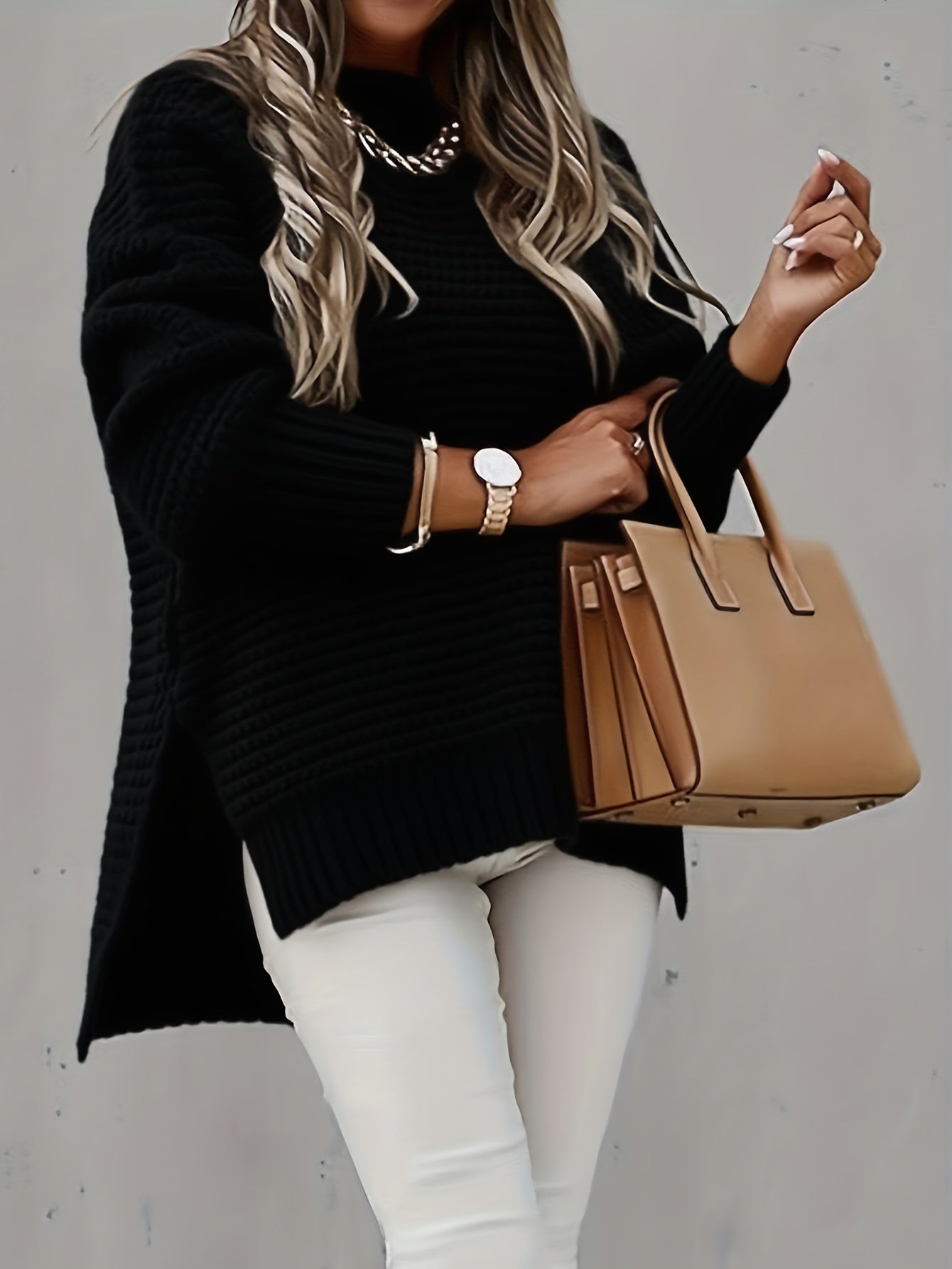 Women's Solid Color Pullover Sweater - Relaxed Fit Crew Neck – Purple option – view 4