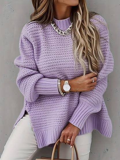 Women's Solid Color Pullover Sweater - Relaxed Fit Crew Neck – Purple option – view 12