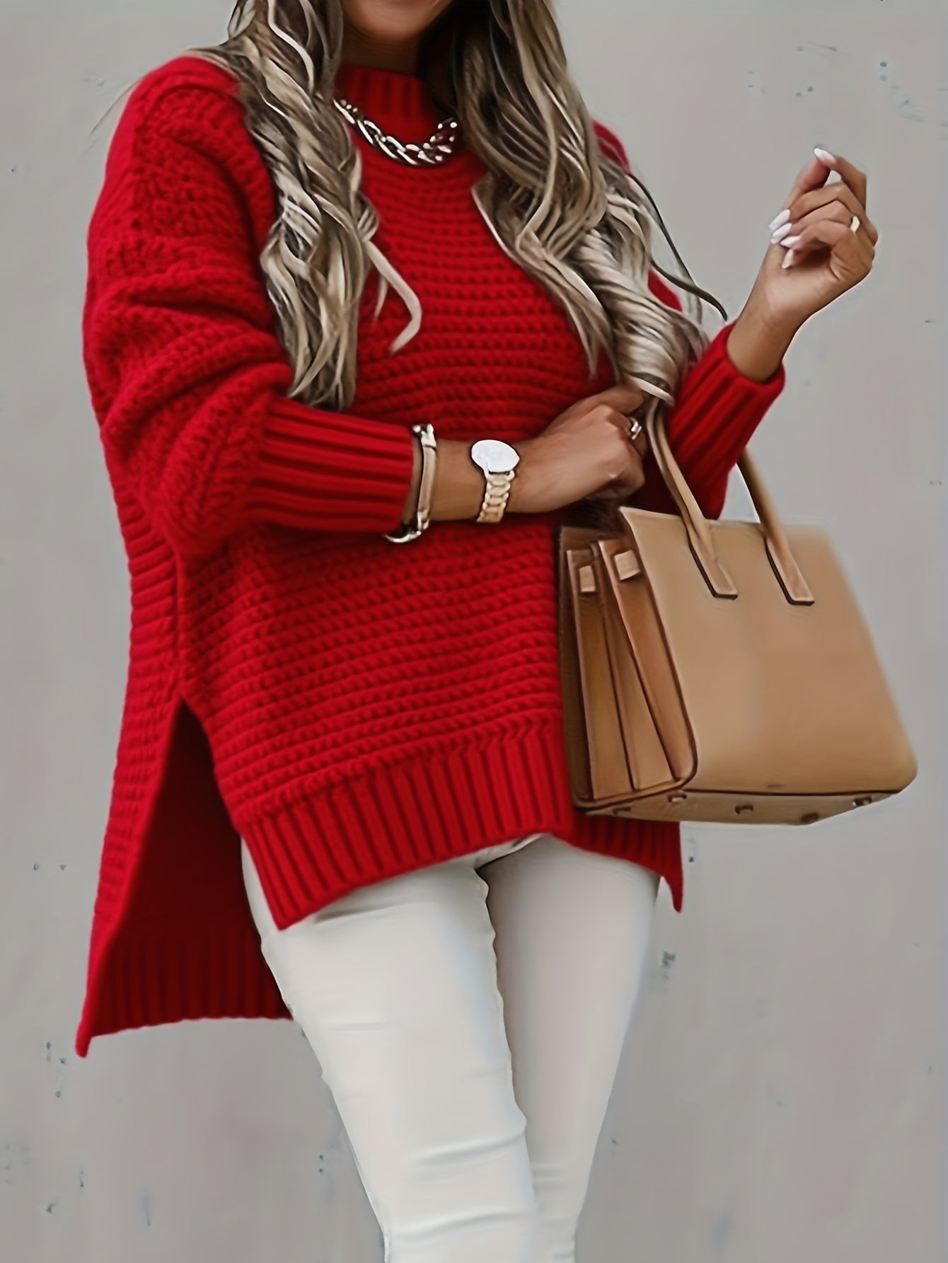 Women's Solid Color Pullover Sweater - Relaxed Fit Crew Neck – Purple option – view 13