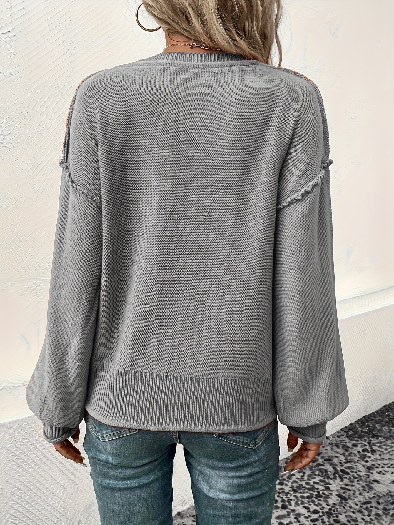 Women's Solid Color Pullover Sweater - Relaxed Fit V-Neck detail view