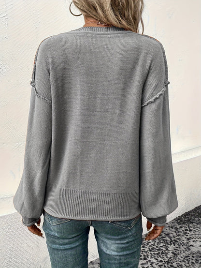 Women's Solid Color Pullover Sweater - Relaxed Fit V-Neck detail view