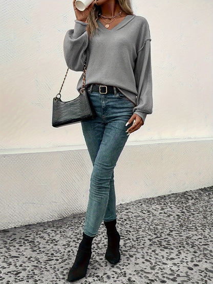 Women's Solid Color Pullover Sweater - Relaxed Fit V-Neck detail view
